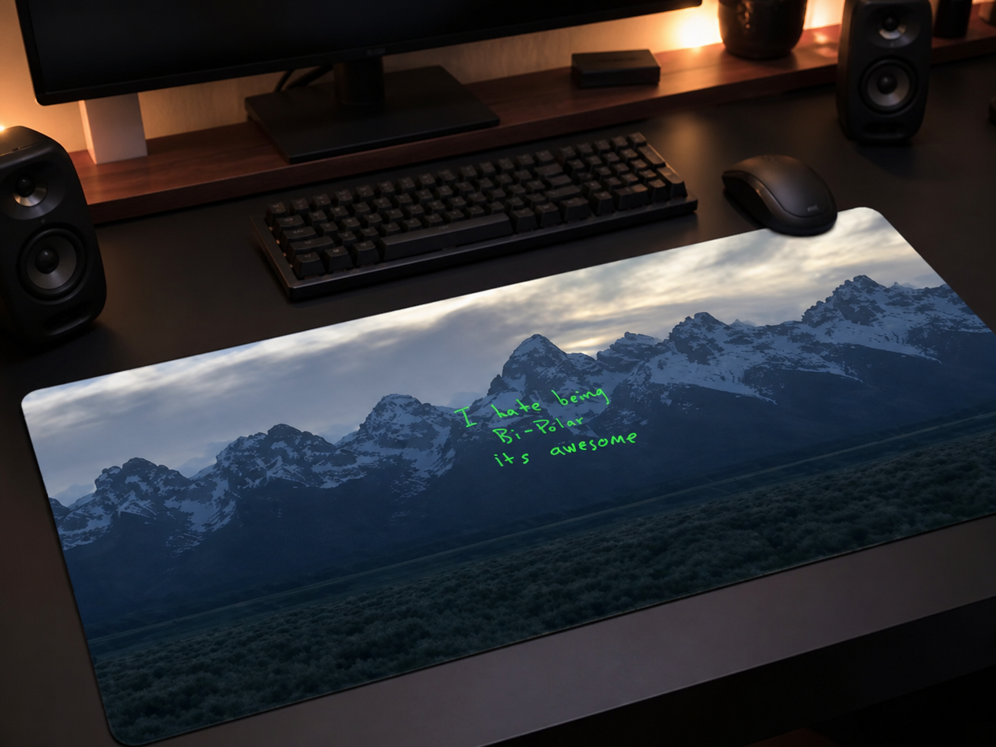 Mountain Album Pad on a dark evening gaming desk
